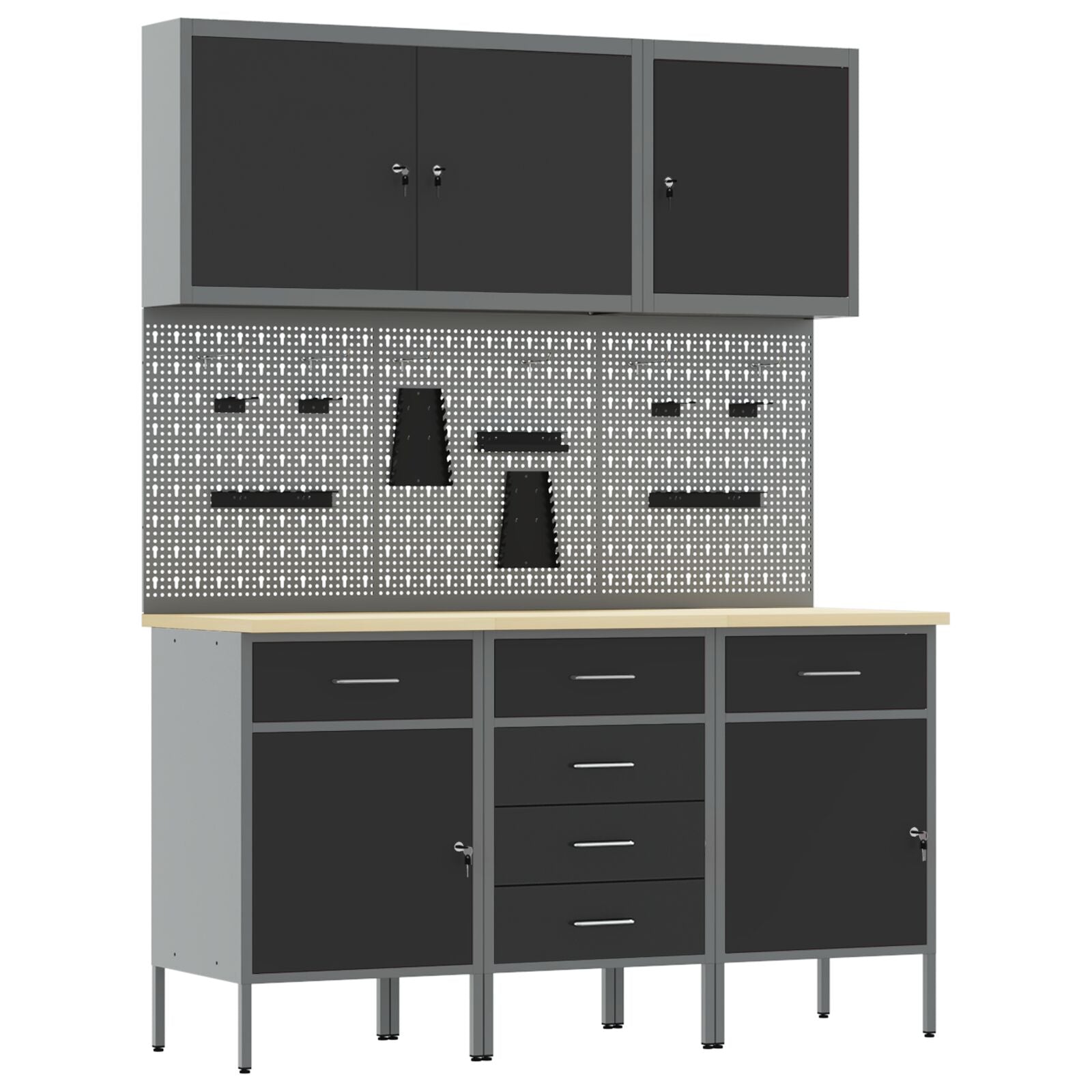 8-Delige Werkcabinet En Pegboard Set Mdf En Metaal 3x (84/84/85 cm) Zwart 3x kast + 3x pegboard + 2x gereedschap kast