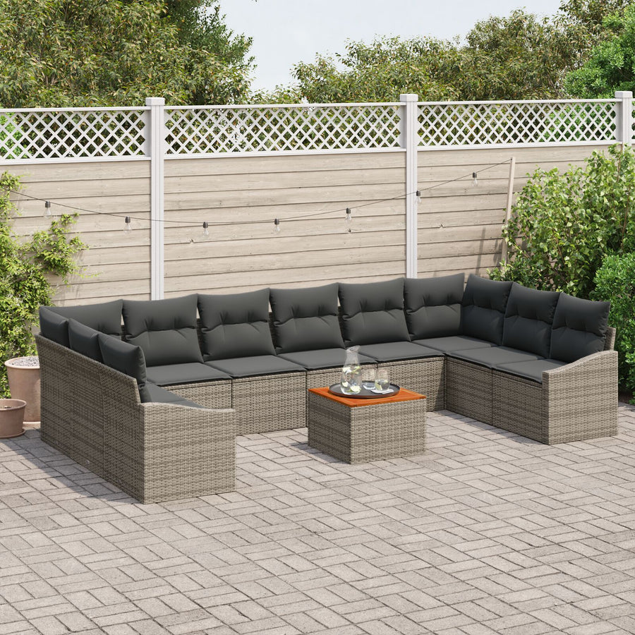 11 Delige Tuinsalon Set Met Kussens Grijs Poly Rattan Acacia