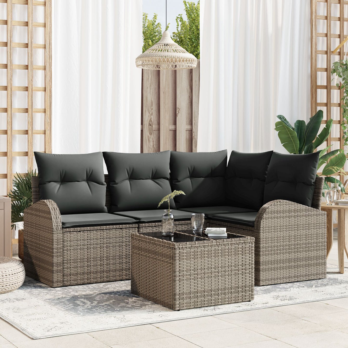 4-Delige Tuin Sofa Set Met Kussens Zwart Poly Rattan Grijs met tafel