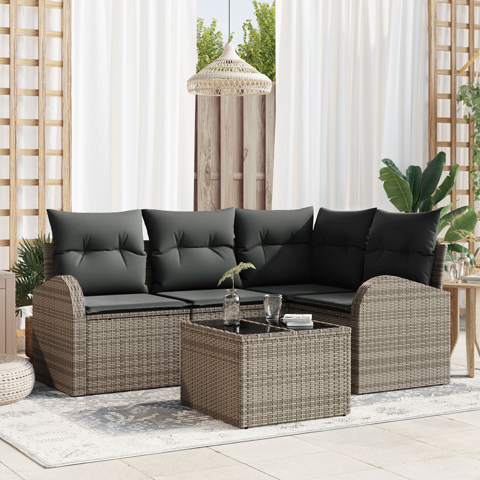 4-Delige Tuin Sofa Set Met Kussens Zwart Poly Rattan Grijs met tafel
