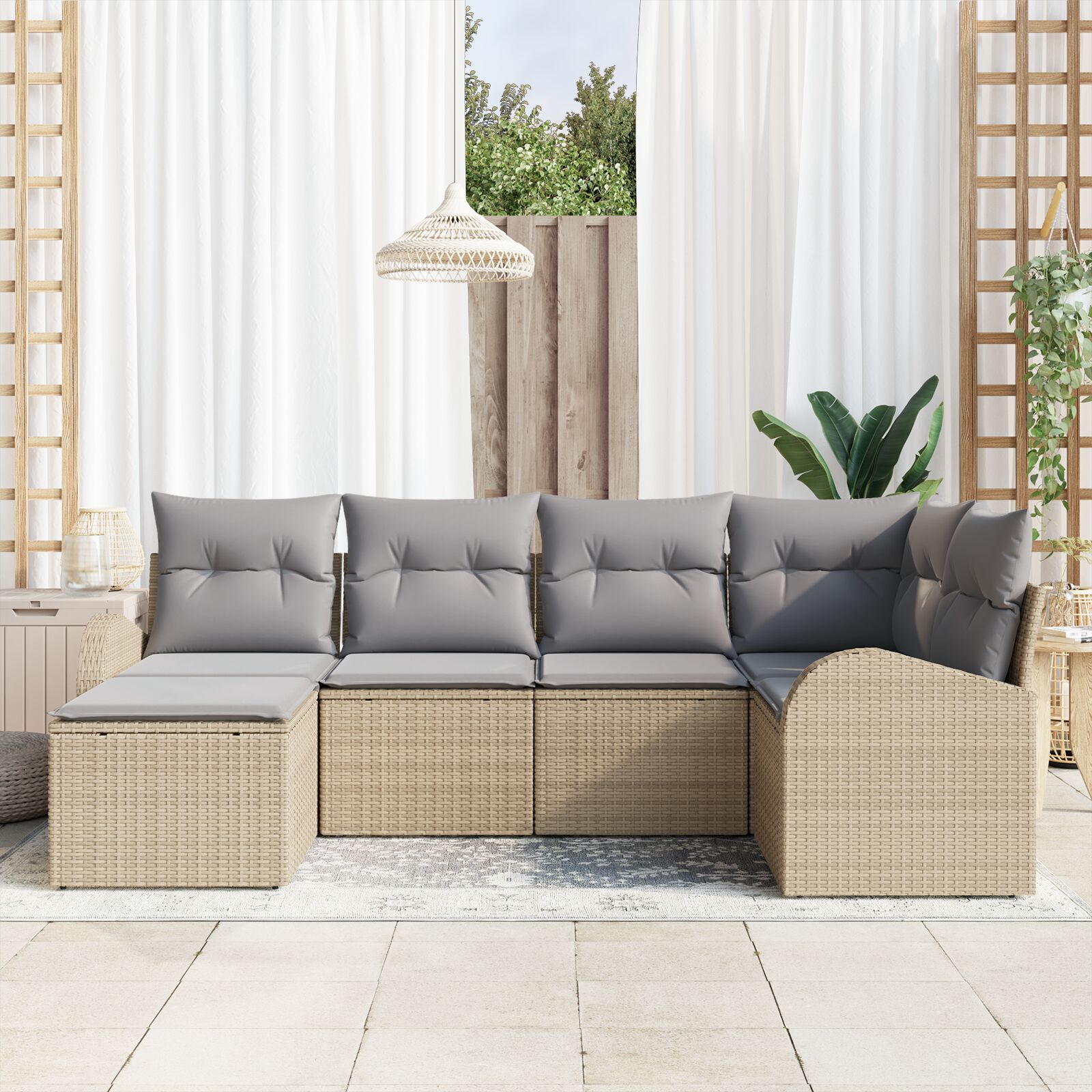 6 Delige Tuin Sofa Set Met Kussens Beige Poly Riet