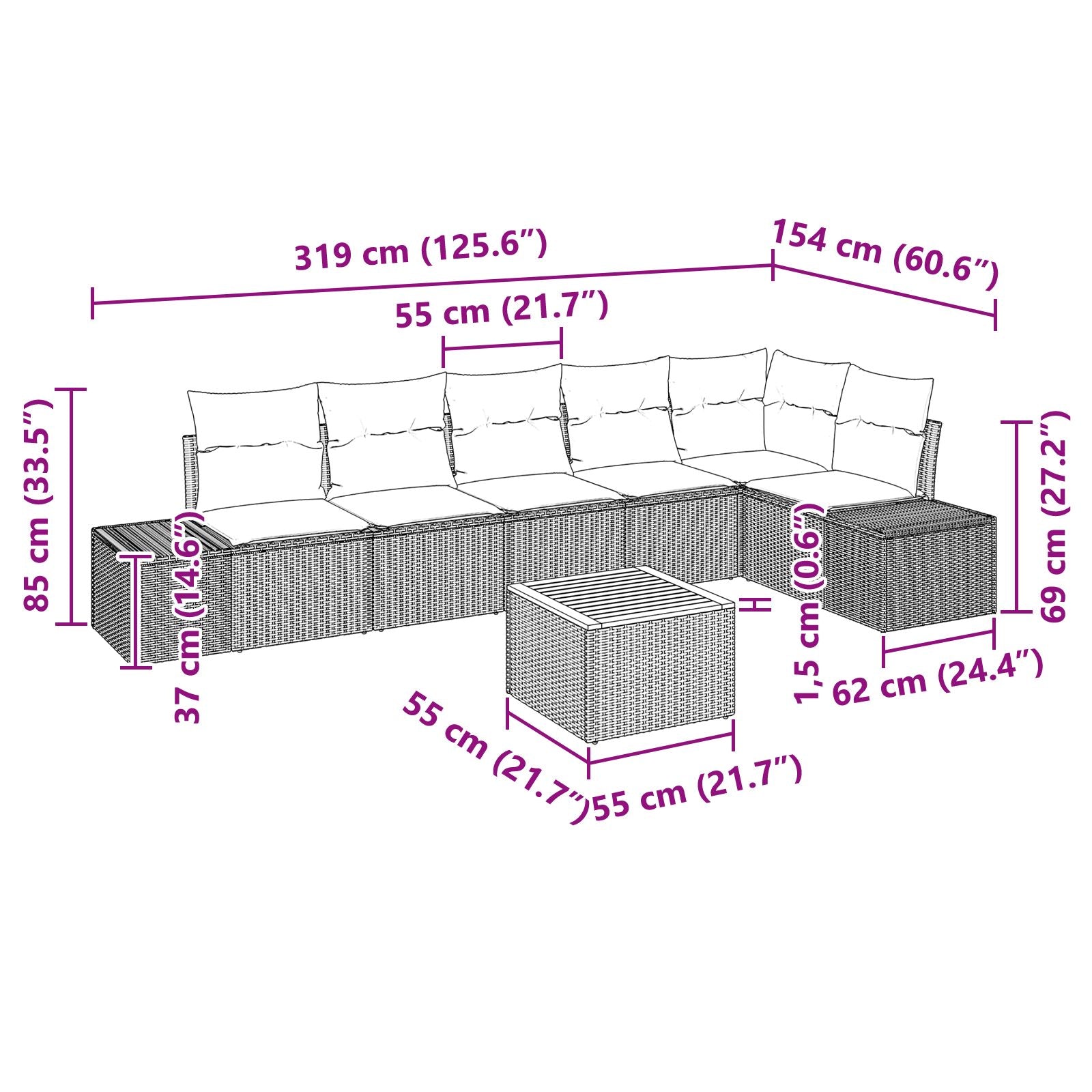 7-Delige Tuin Sofa Set Met Kussens Zwart Poly Riet Acacia