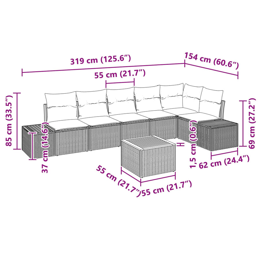 7-Delige Tuin Sofa Set Met Kussens Zwart Poly Riet Acacia