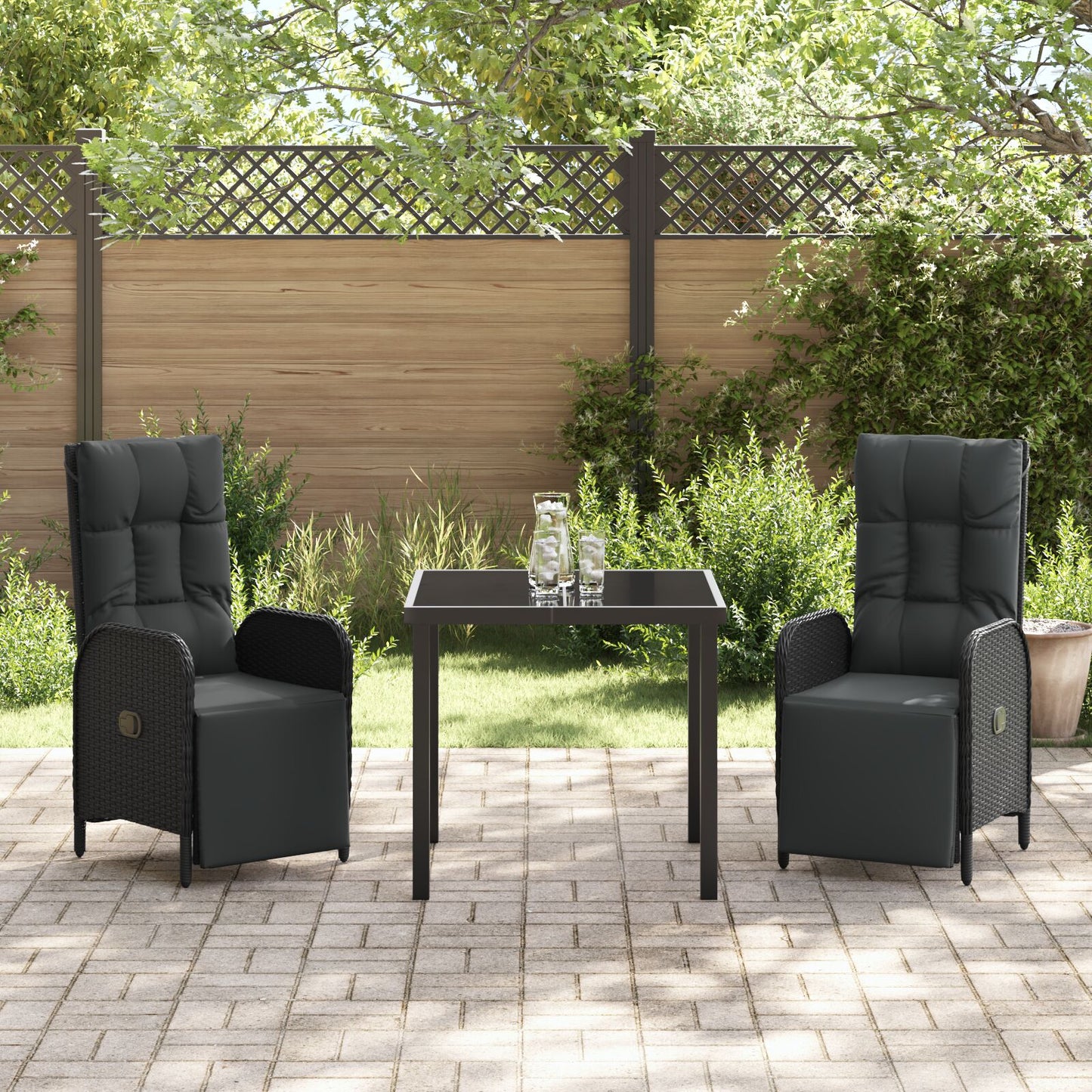 3-Delige Tuin Eettafel Set Met Kussens Zwart Poly Rattan