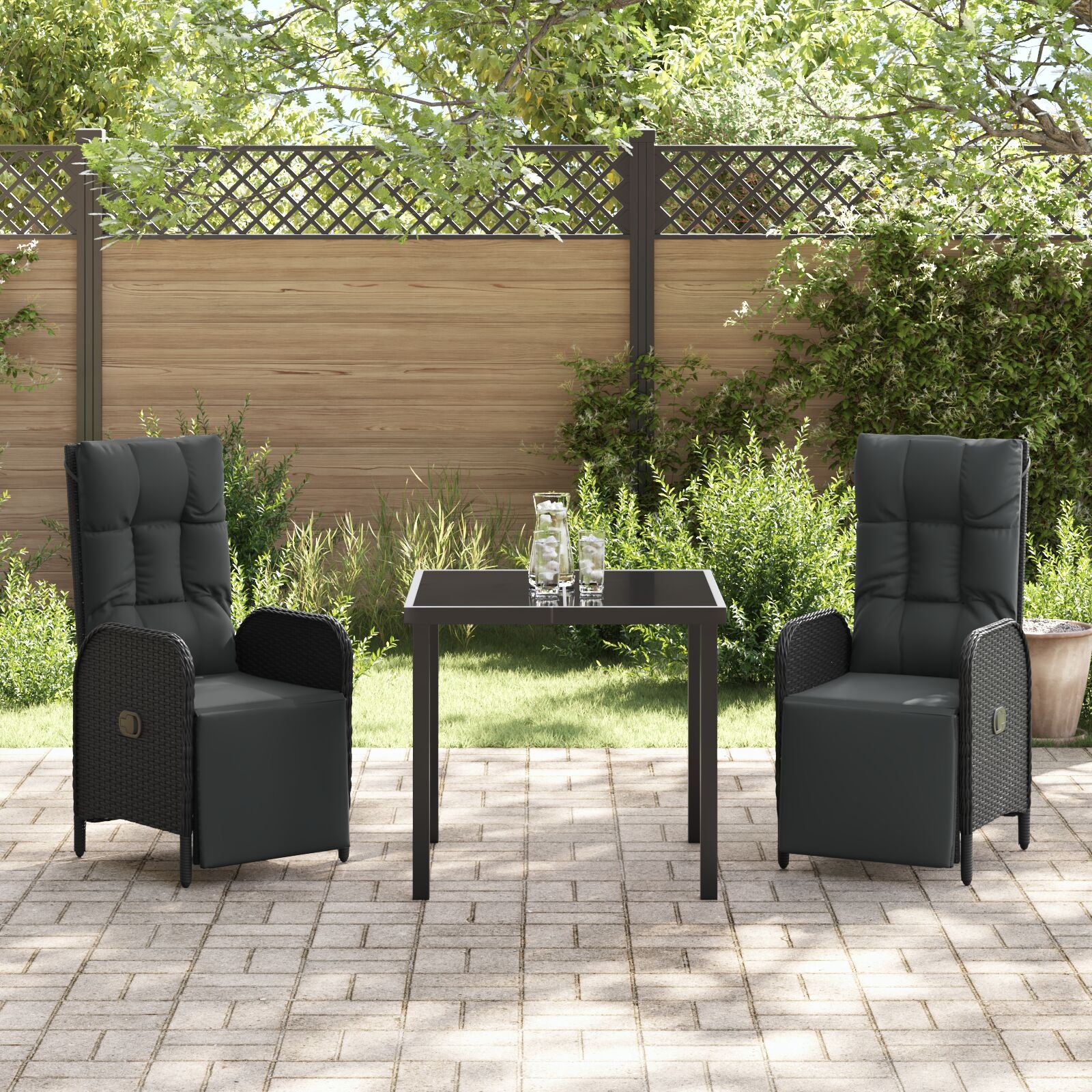 3-Delige Tuin Eettafel Set Met Kussens Zwart Poly Rattan