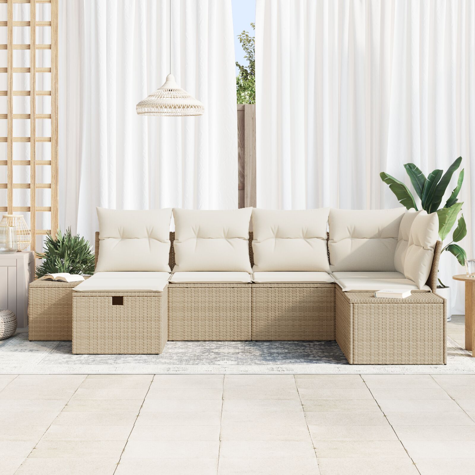 6-Delige Tuinsofa Set Met Kussens Beige Poly Rattan