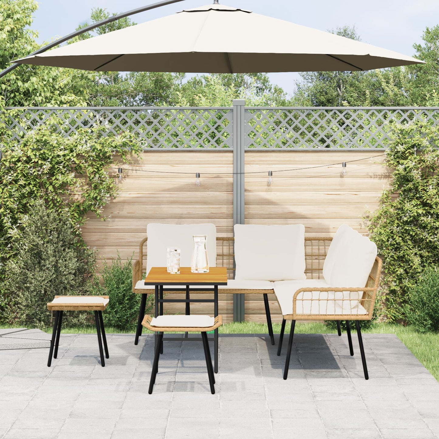 4-Delig Tuinbankstel Met Kussens Poly Rattan Natuurlijk Sofa + tafel + voetenbank