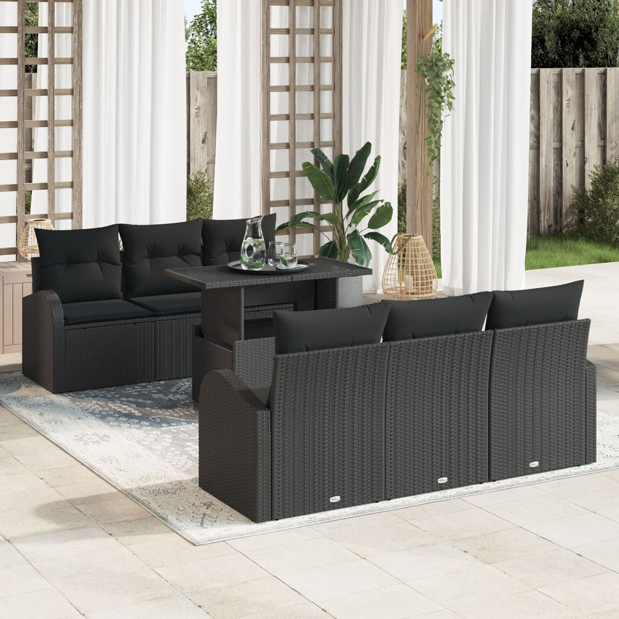 7-Delige Tuinbankset Met Kussens Zwart Poly Rattan