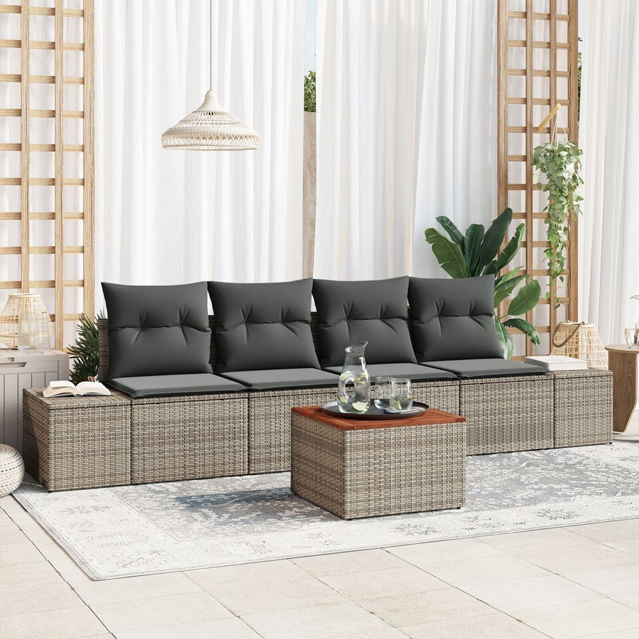 5-Delige Tuinsofa Set Met Kussens Grijs Poly Rattan Acacia