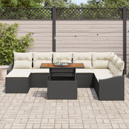 9-Delige Tuin Eetset Met Kussens Zwart Poly Rattan Acacia