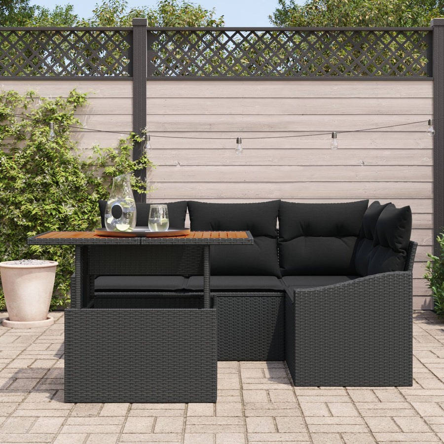 5-Delige Tuin Eetset Met Kussens Zwart Poly Rattan Acacia