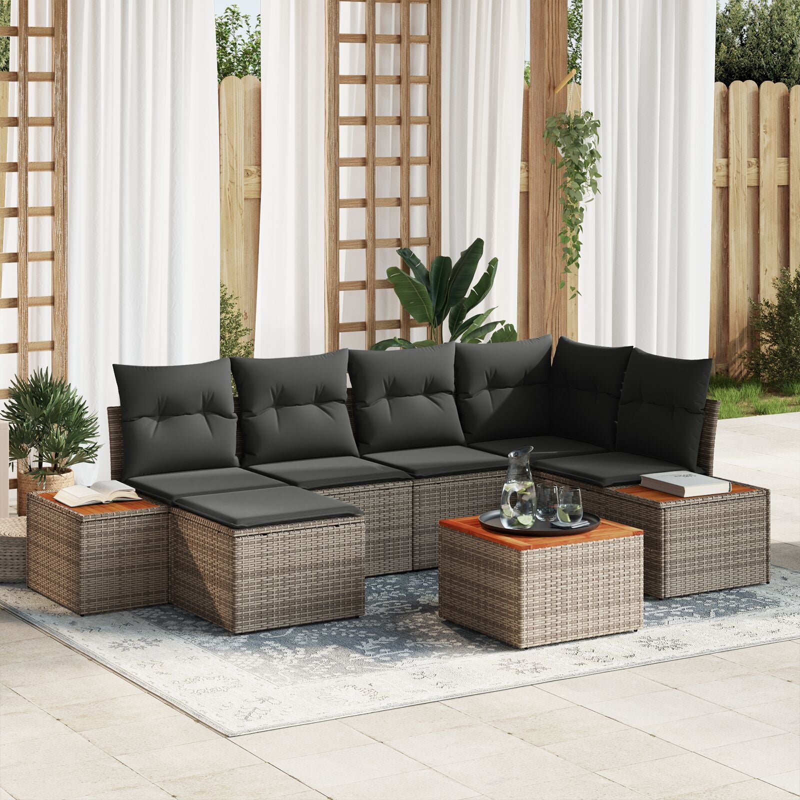 7-Delige Tuin Sofa Set Met Kussens Grijs Poly Rattan Acacia