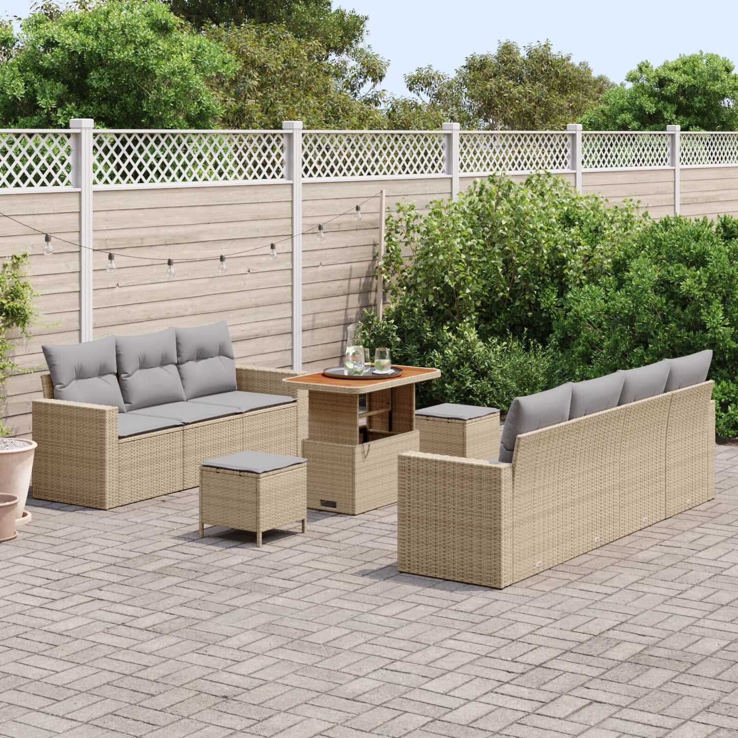 10-Delige Tuin Sofa Set Met Kussens Beige Poly Rattan Acacia, 3-Delige Tuin Eetset Met Kussens Beige Poly Rattan Acacia Wit
