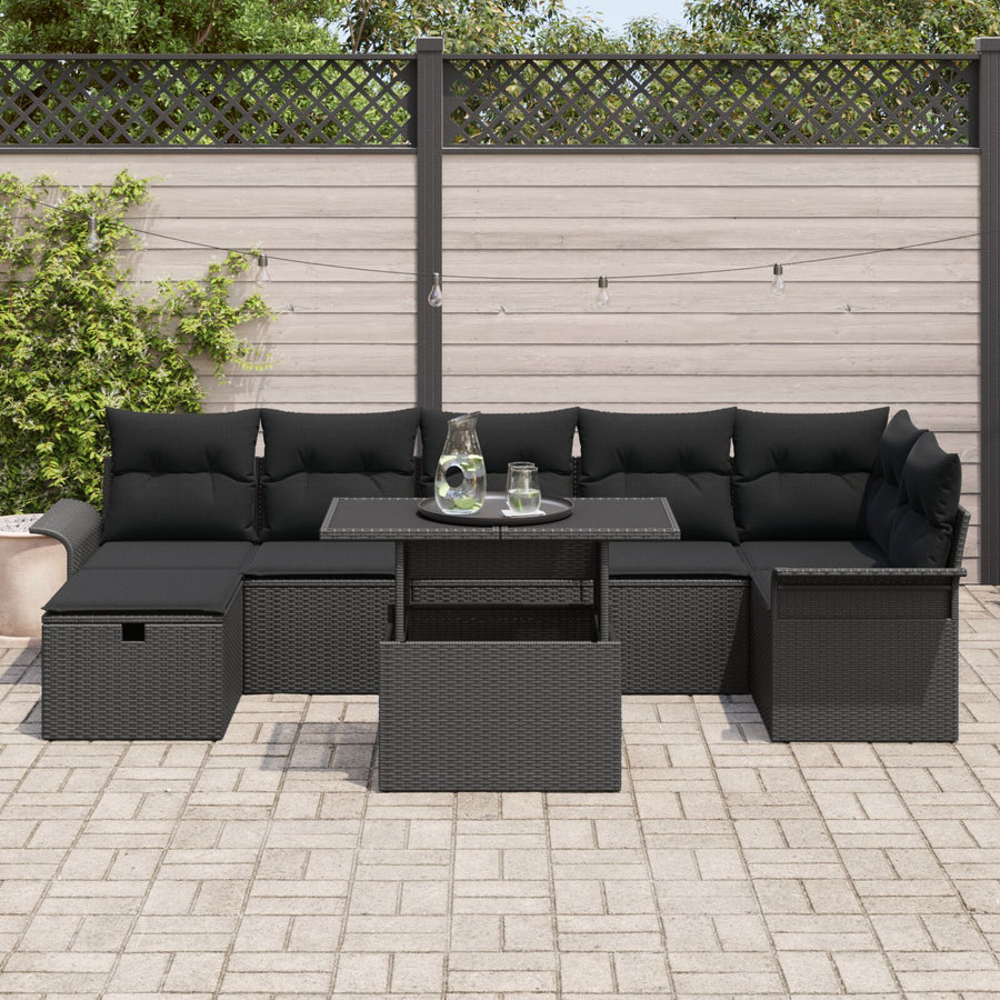 8-Delige Tuinbankset Met Kussens Zwart Poly Rattan