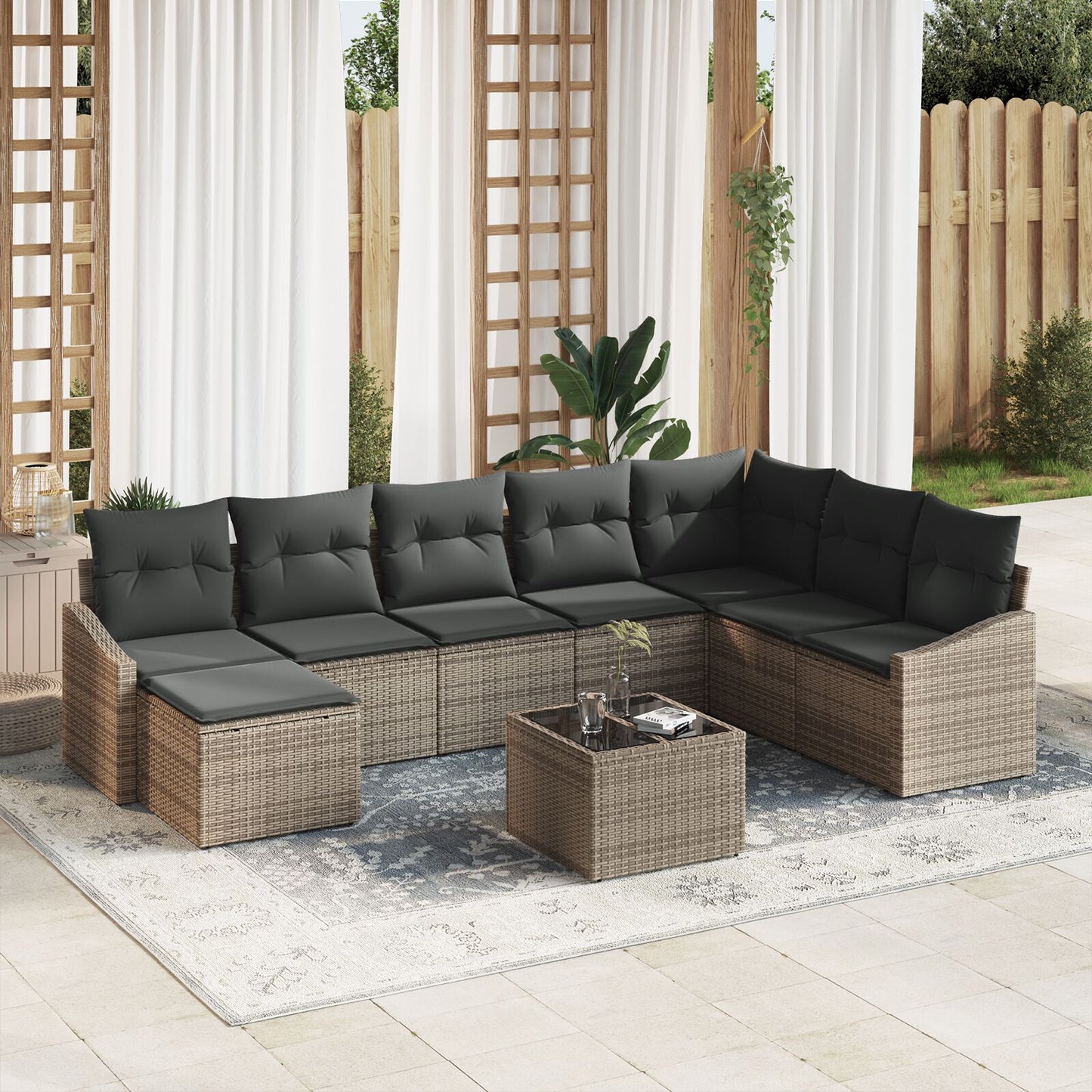 8-Delige Tuin Eetset Met Kussens Zwart Poly Rattan