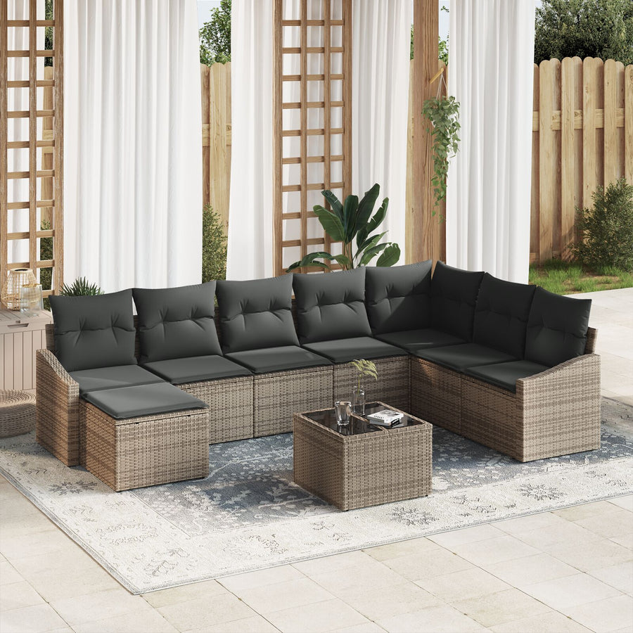 8-Delige Tuin Eetset Met Kussens Zwart Poly Rattan