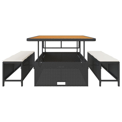 3-Delige Tuin Eettafel Set Met Kussens Poly Rattan Acacia 100 cm Zwart en crème 2 krukken