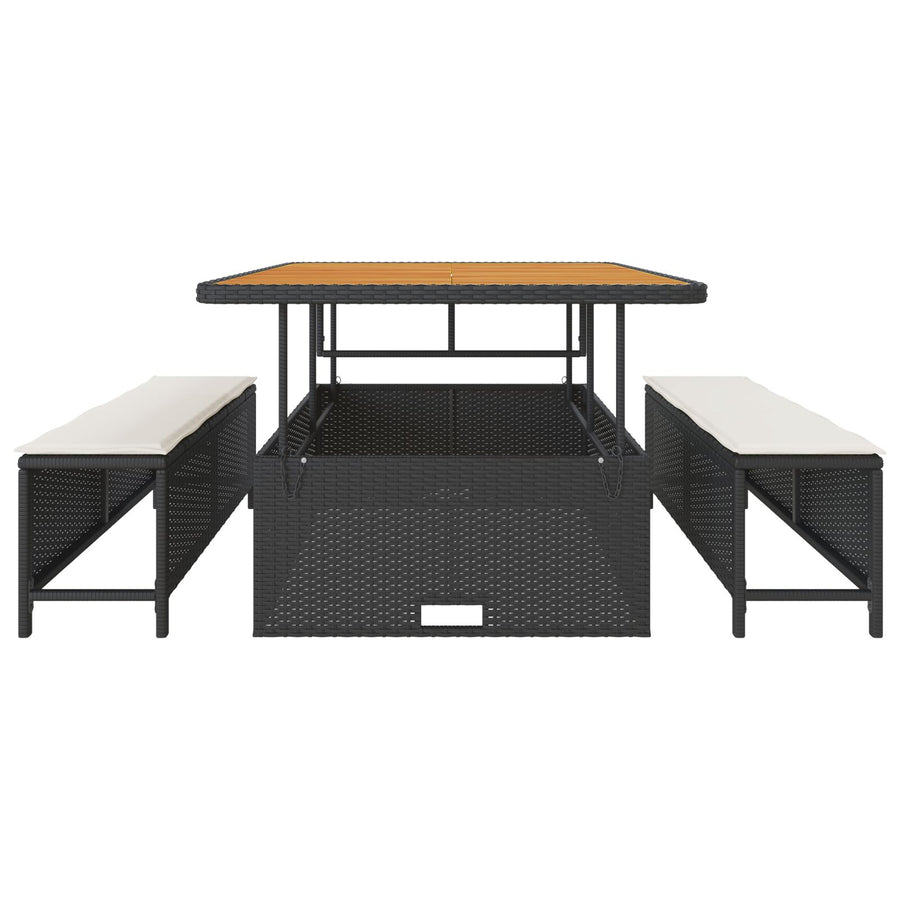 3-Delige Tuin Eettafel Set Met Kussens Poly Rattan Acacia 100 cm Zwart en crème 2 krukken