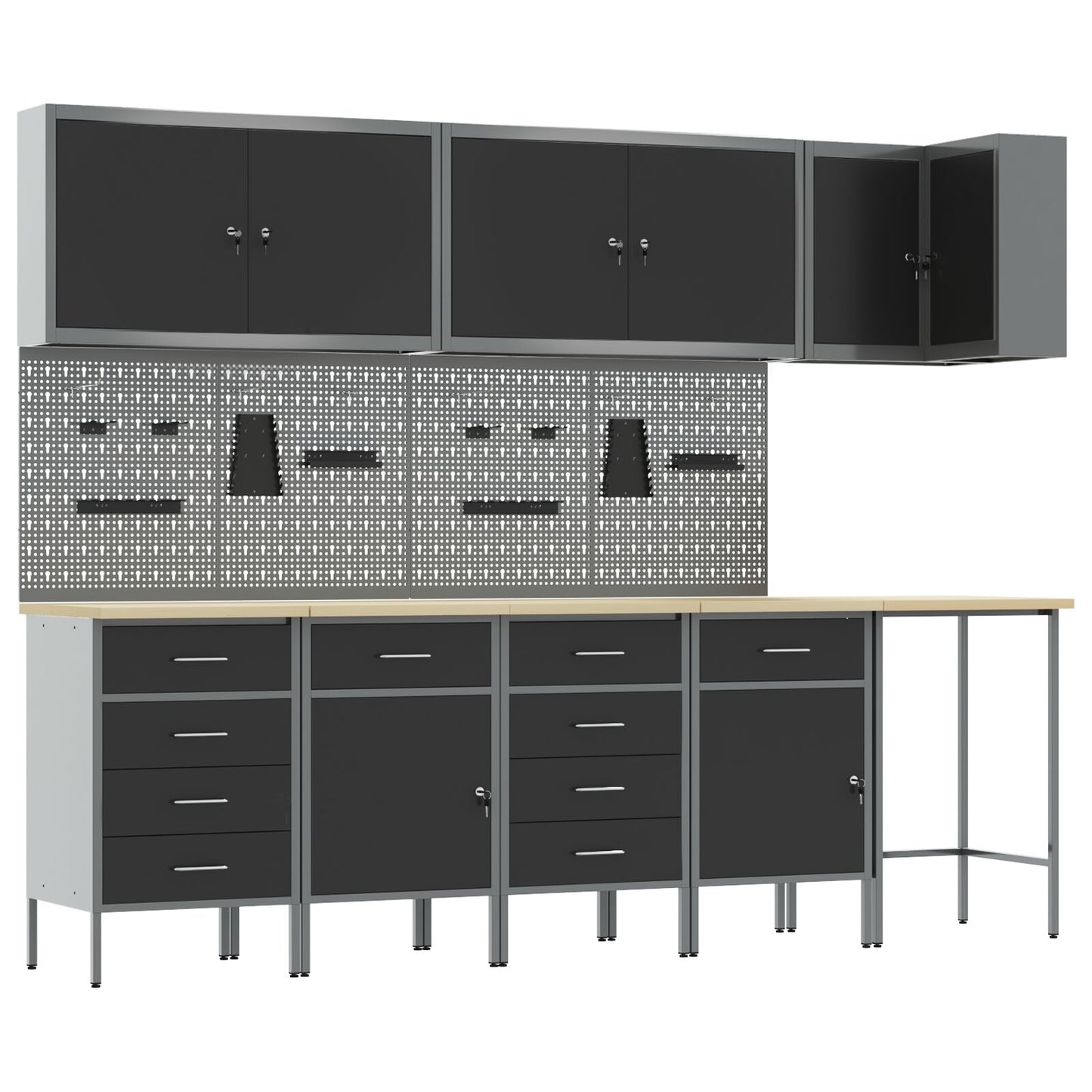 12-Delige Werkbank En Pegboard Set Mdf En Metaal 4x (2x84/2x85 cm) Zwart Tafel + 7x kast + 4x pegboard