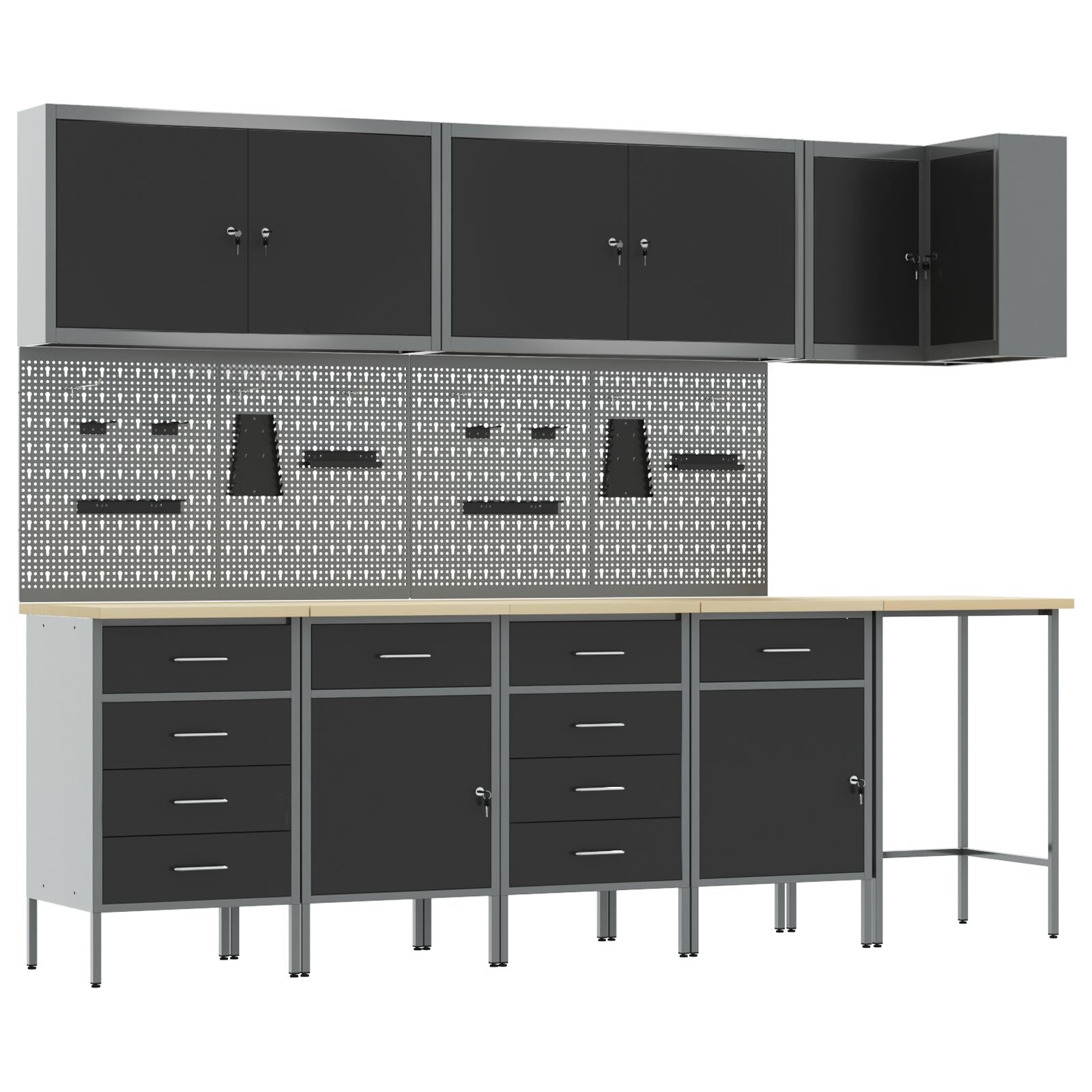 12-Delige Werkbank En Pegboard Set Mdf En Metaal 4x (2x84/2x85 cm) Zwart Tafel + 7x kast + 4x pegboard