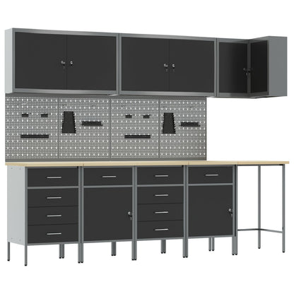 12-Delige Werkbank En Pegboard Set Mdf En Metaal 4x (2x84/2x85 cm) Zwart Tafel + 7x kast + 4x pegboard