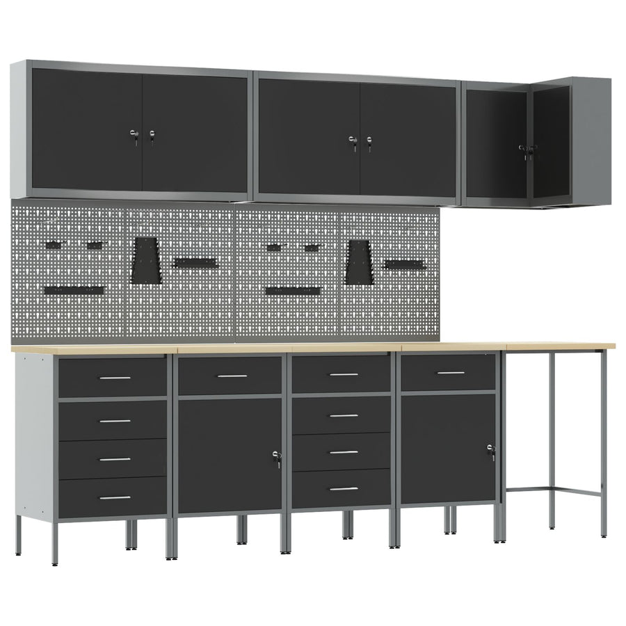 12-Delige Werkbank En Pegboard Set Mdf En Metaal 4x (2x84/2x85 cm) Zwart Tafel + 7x kast + 4x pegboard