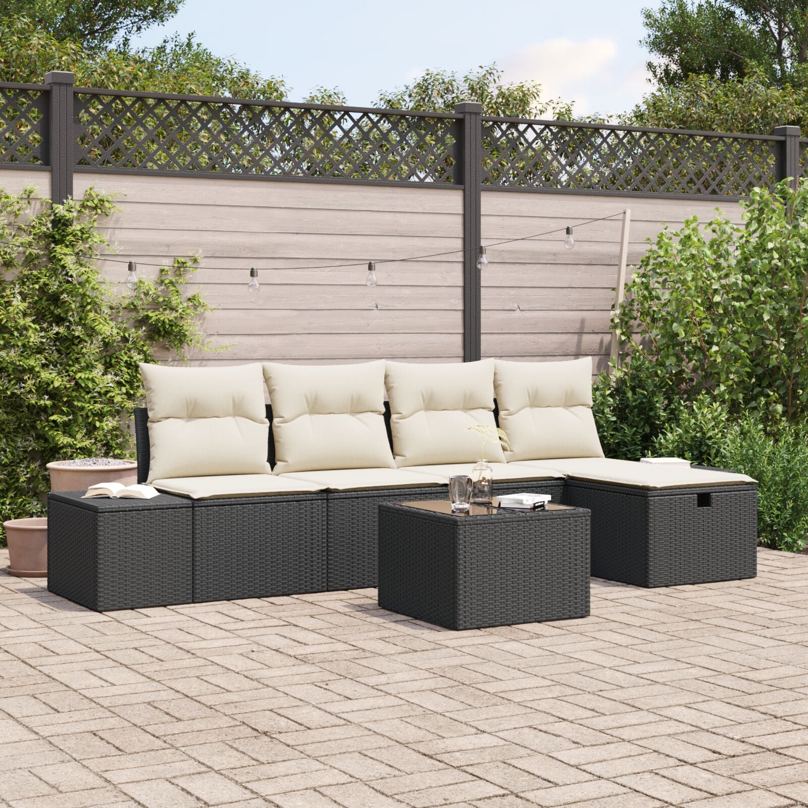 6-Delige Tuinbank Set Met Kussens Zwart Poly Rattan