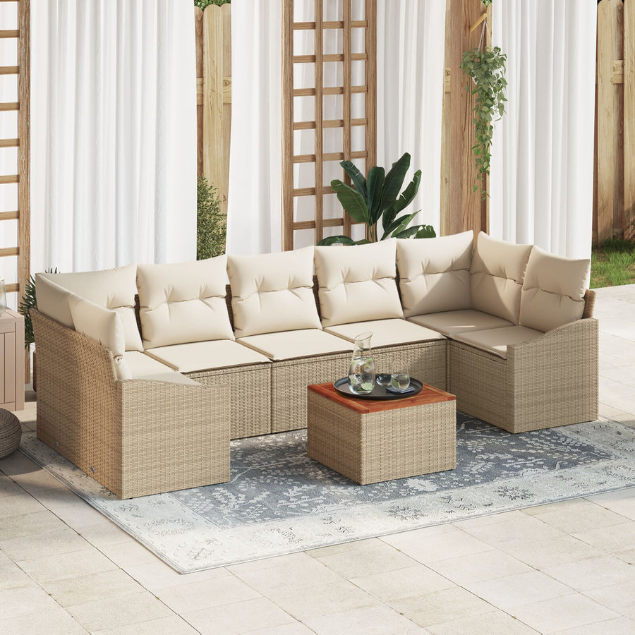 8-Delige Tuinbankset Met Kussens Beige Poly Rattan Acacia