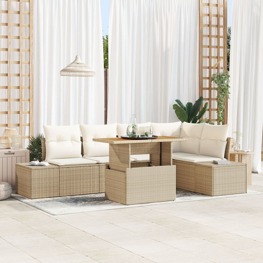 6-Delige Tuinbankset Met Kussens Beige Poly Rattan