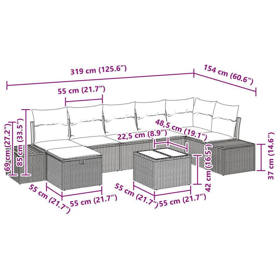 8 Delige Tuin Sofa Set Met Kussens Zwart Poly Rattan