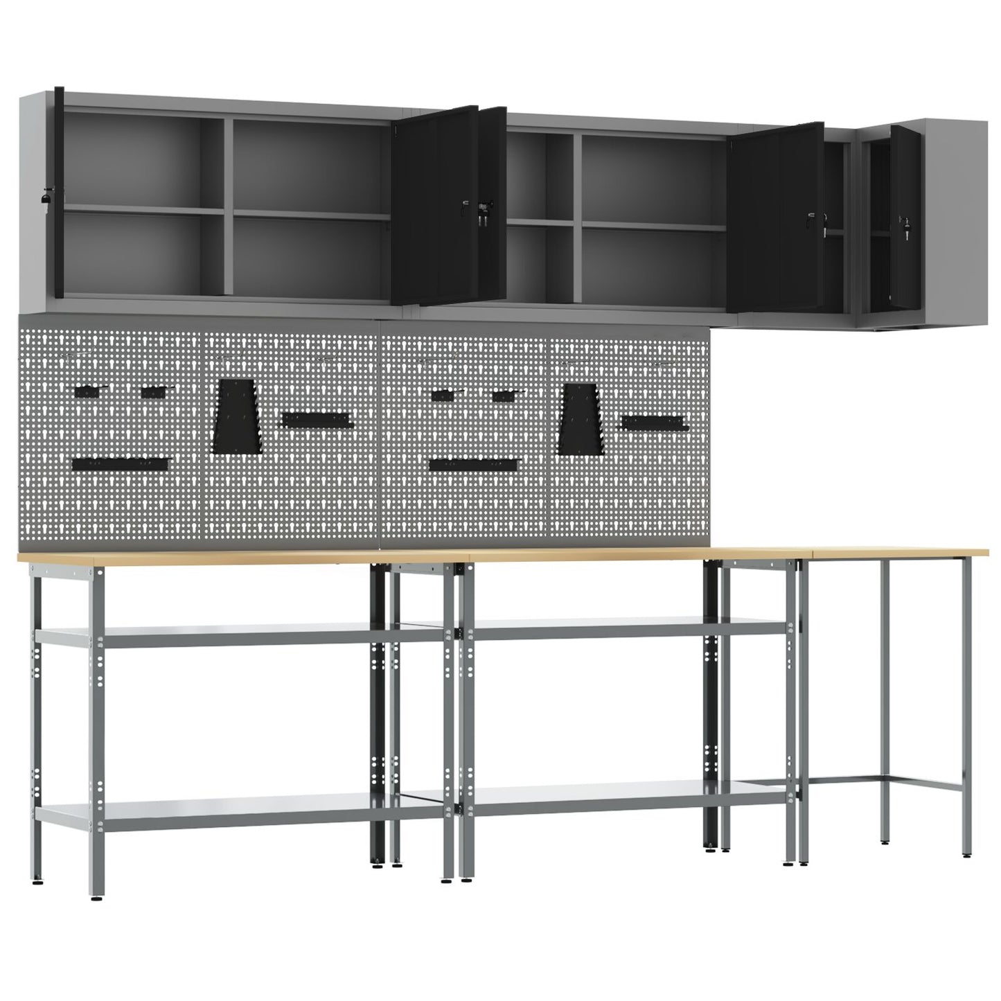 10-Delige Toolopslagtafelset Gelaagd Hout En Metaal 100 cm kast met pegboard Zwart 3x tafel + 4x kast + 4x pegboard