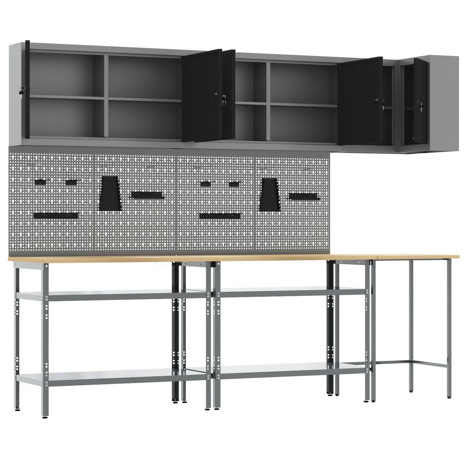 10-Delige Toolopslagtafelset Gelaagd Hout En Metaal 100 cm kast met pegboard Zwart 3x tafel + 4x kast + 4x pegboard