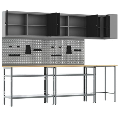 10-Delige Toolopslagtafelset Gelaagd Hout En Metaal 100 cm kast met pegboard Zwart 3x tafel + 4x kast + 4x pegboard