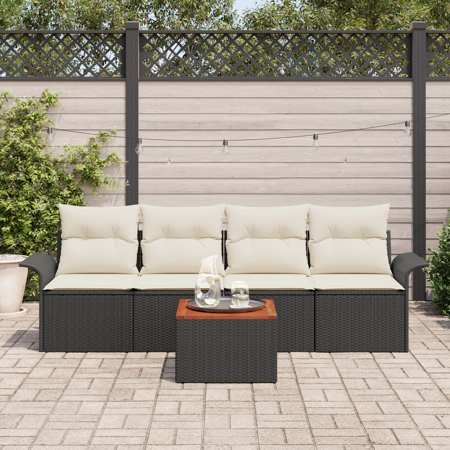 5-Delige Tuinsalon Set Met Kussens Zwart Poly Rattan Acacia