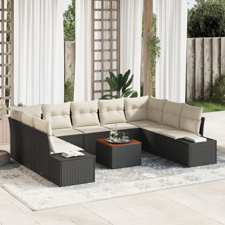 Tuin Sofa Set Set Van 10 Zwart En Crème Rattan, Polyester Stof