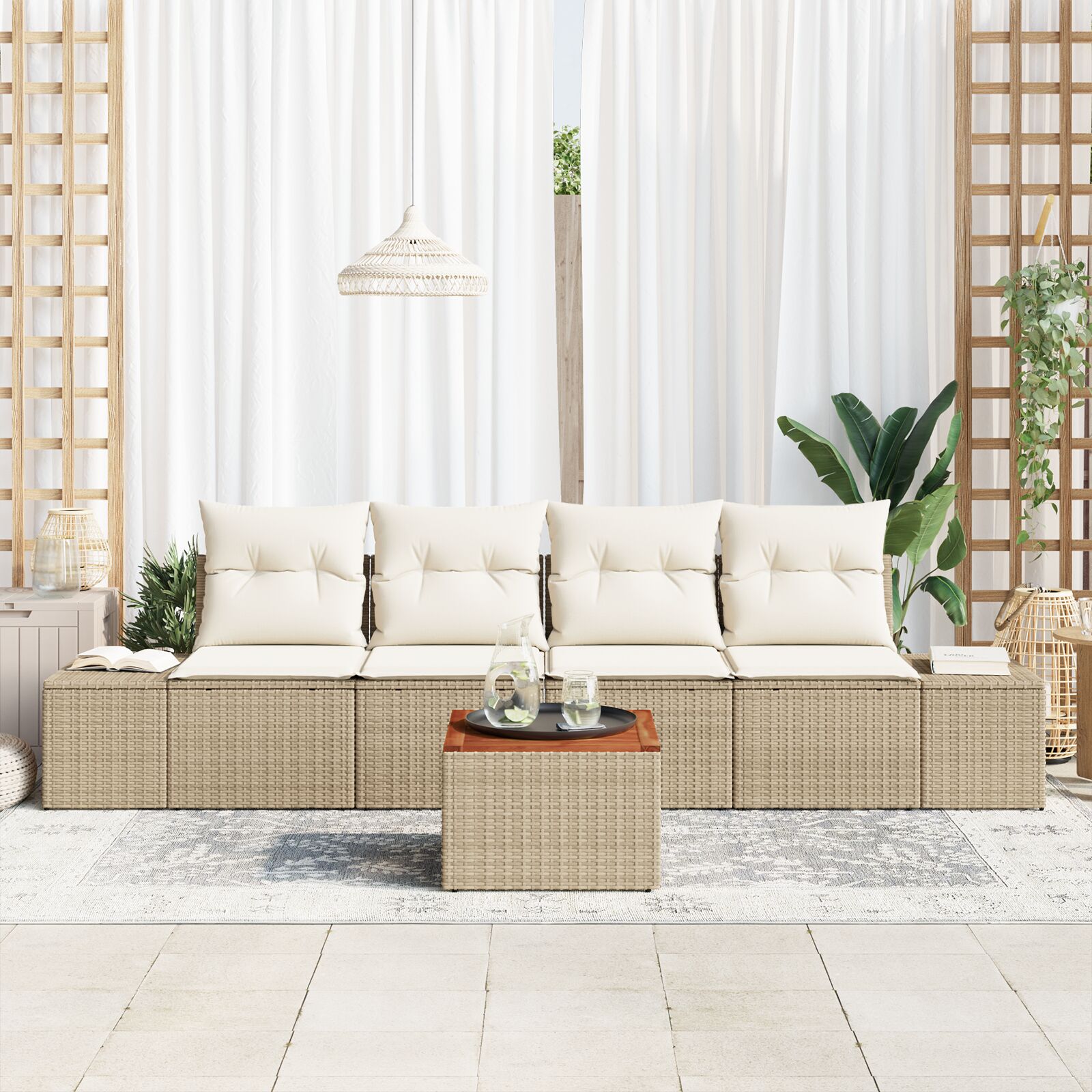 5-Delige Tuin Sofa Set Met Kussens Beige Poly Rattan Acacia