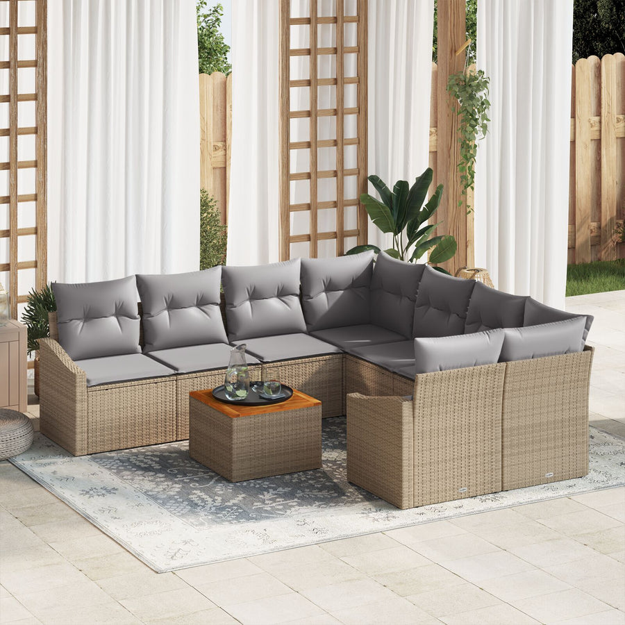 9-Delige Tuinbank Set Met Kussens Beige Poly Rattan Acacia