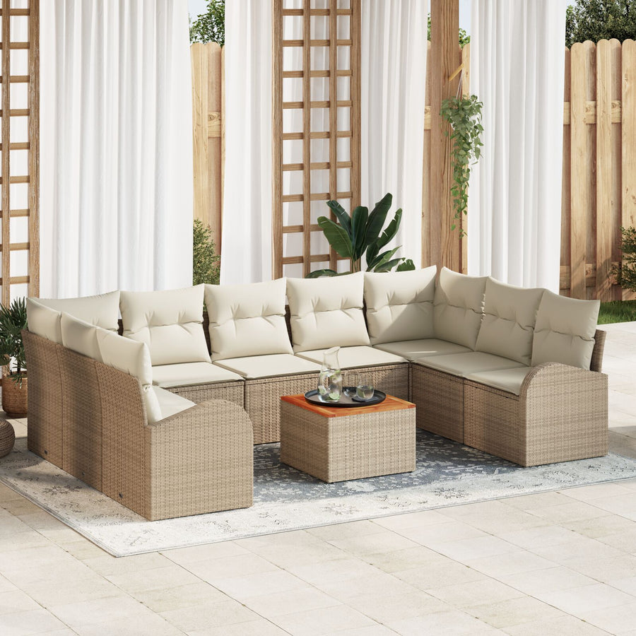 10-Delige Tuin Sofa Set Met Kussens Beige Poly Rattan Acacia