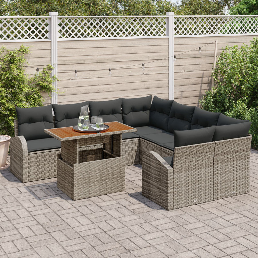 9-Delige Tuin Eettafelset Met Kussens Grijs Poly Rattan Acacia