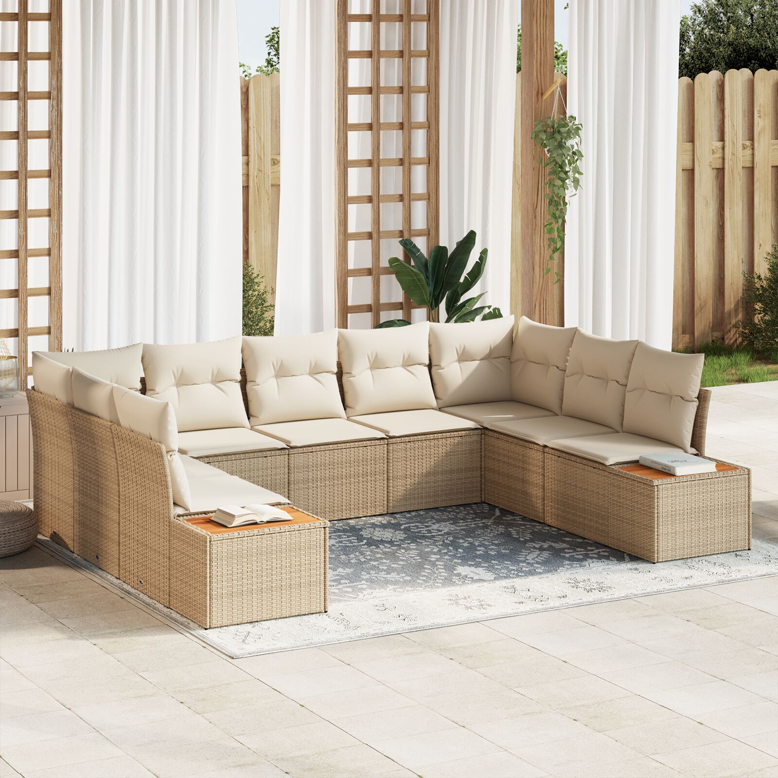 9-Delige Tuin Sofa Set Met Kussens Beige Poly Rattan Acacia