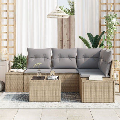5-Delige Tuinbank Set Met Kussens Zwart Poly Rattan Beige en grijs met tafel