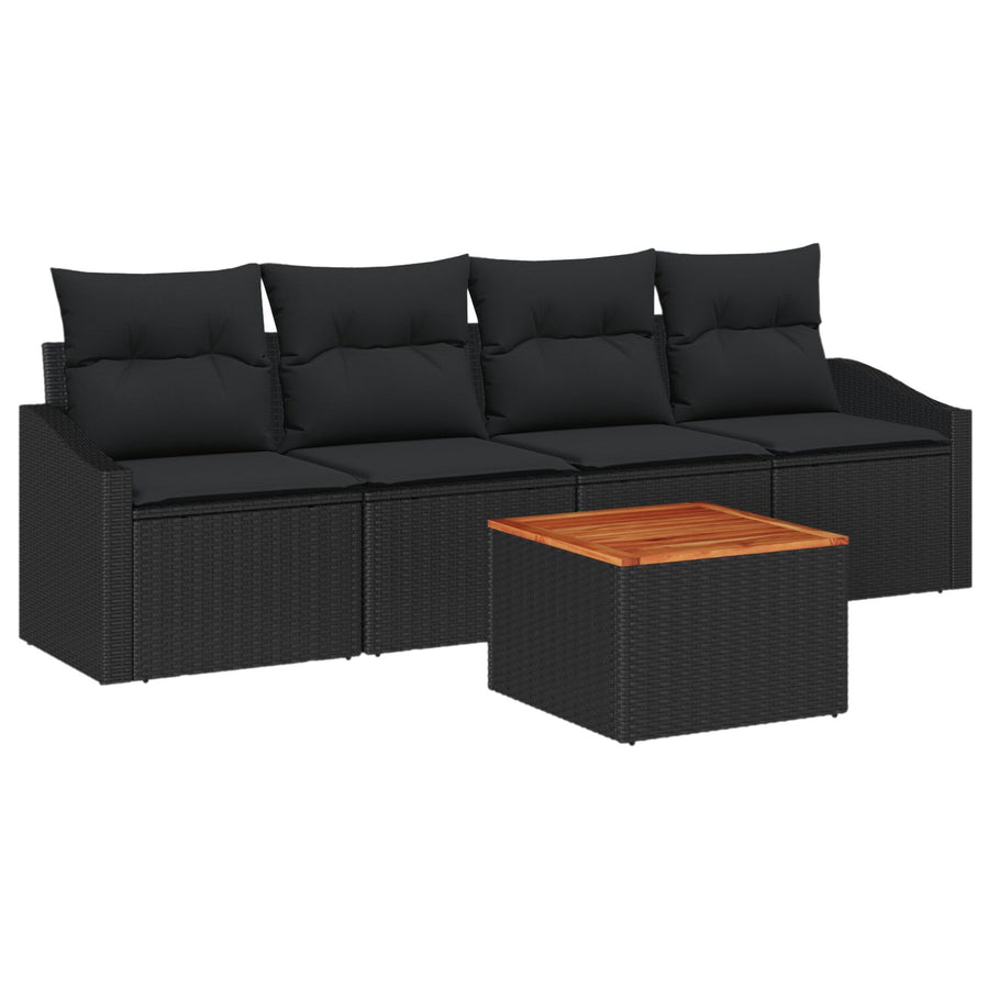 5-Delige Tuinbank Set Met Kussens Zwart Poly Rattan Acacia