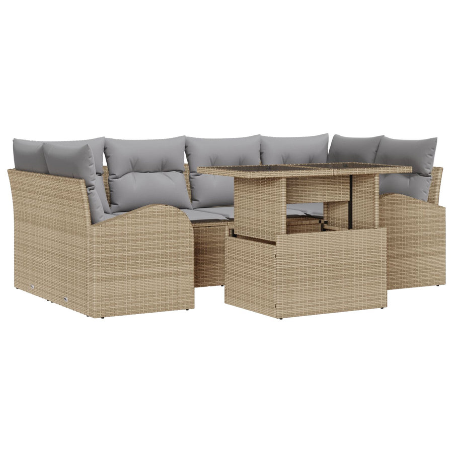 7-Delige Tuinbankset Met Kussens Beige Poly Riet