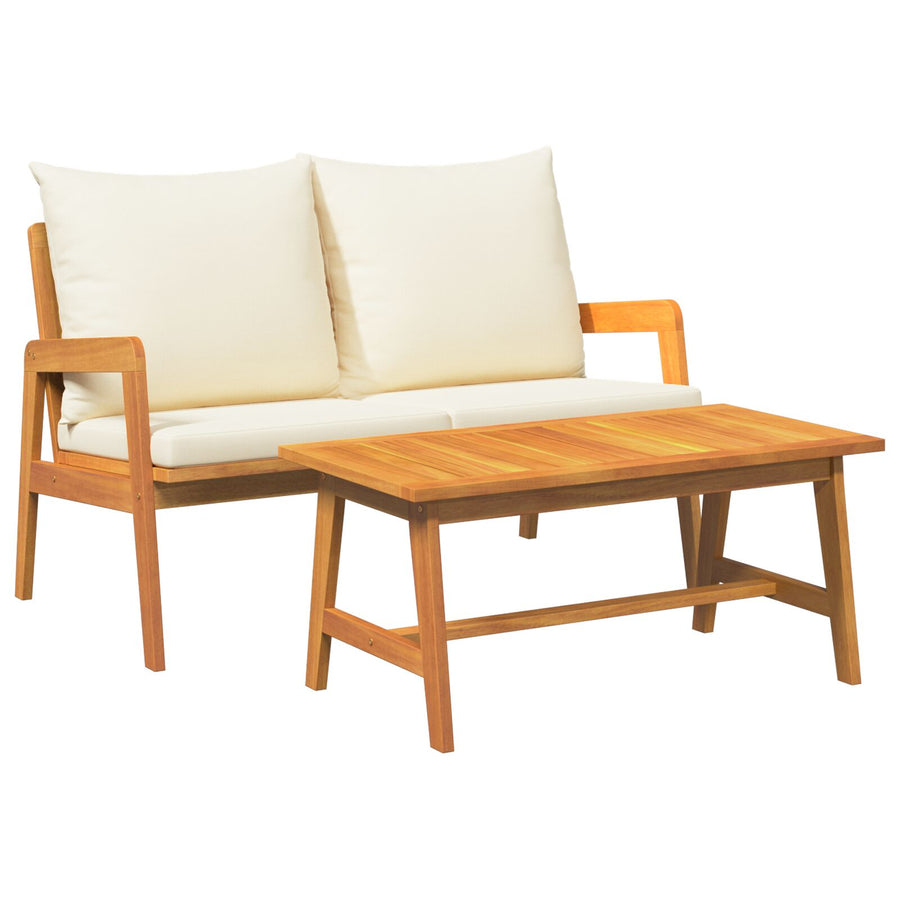 2 Delige Bistroset Met Kussens Massief Hout Acacia Crème wit Tafel + bank