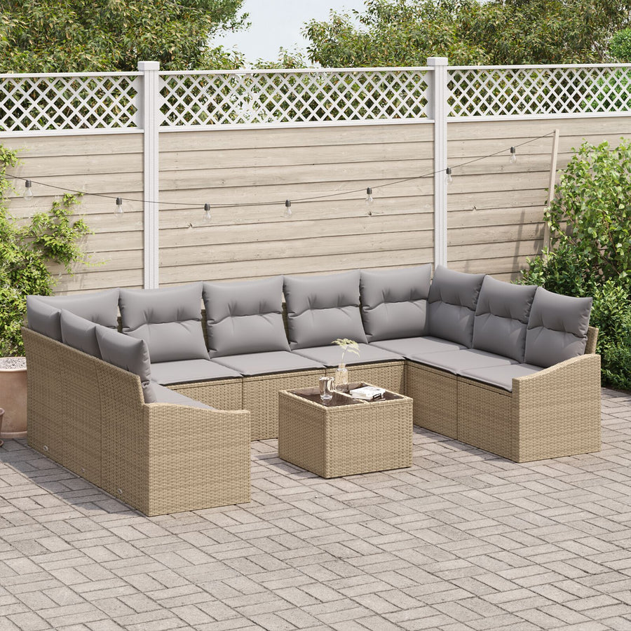 Tuinsofa Set Set Van 10 Beige, Grijs Poly Rattan, Stof Buitensofa