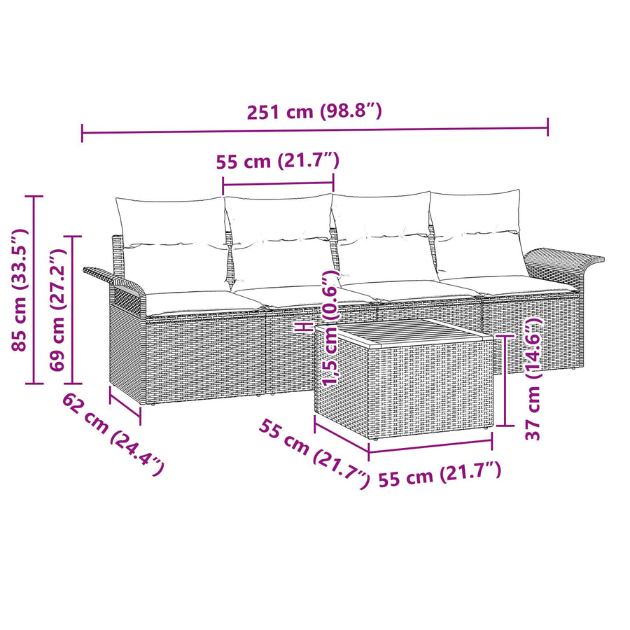5-Delige Tuinbankenset Met Kussens Grijs Poly Rattan Acacia
