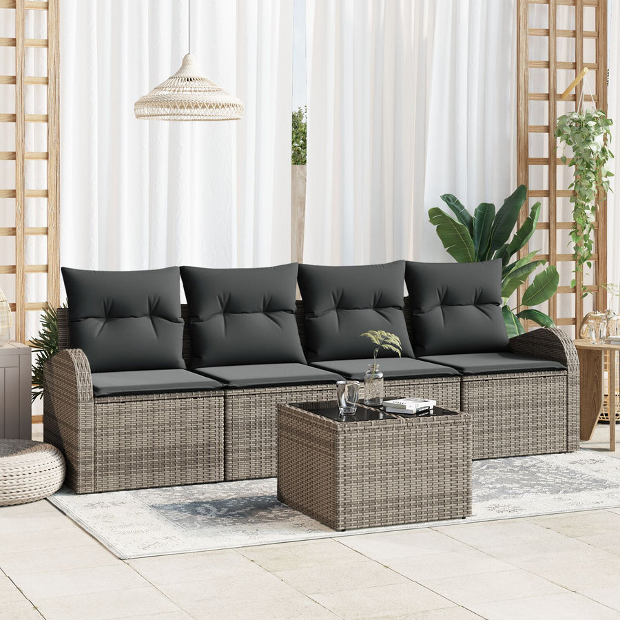 5-Delige Tuinbankenset Met Kussens Grijs Poly Rattan