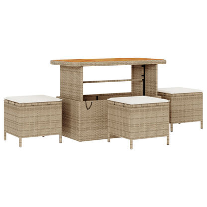 4-Delige Tuin Eetset Met Kussens Poly Rattan Acacia 110 cm Beige en crème 3 krukken
