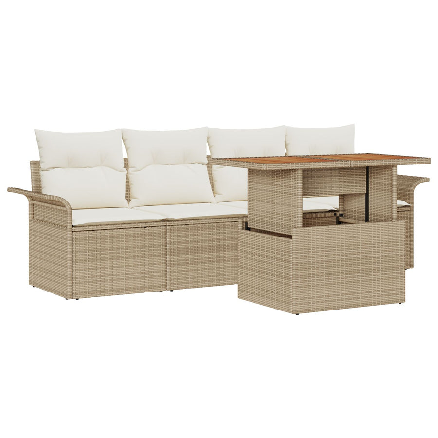 5-Delige Tuinbankset Met Kussens Beige Poly Rattan Acacia