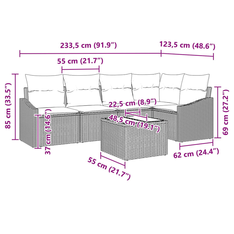 5-Delige Tuinsofa Set Met Kussens Grijs Poly Rattan Bruin en crème met tafel